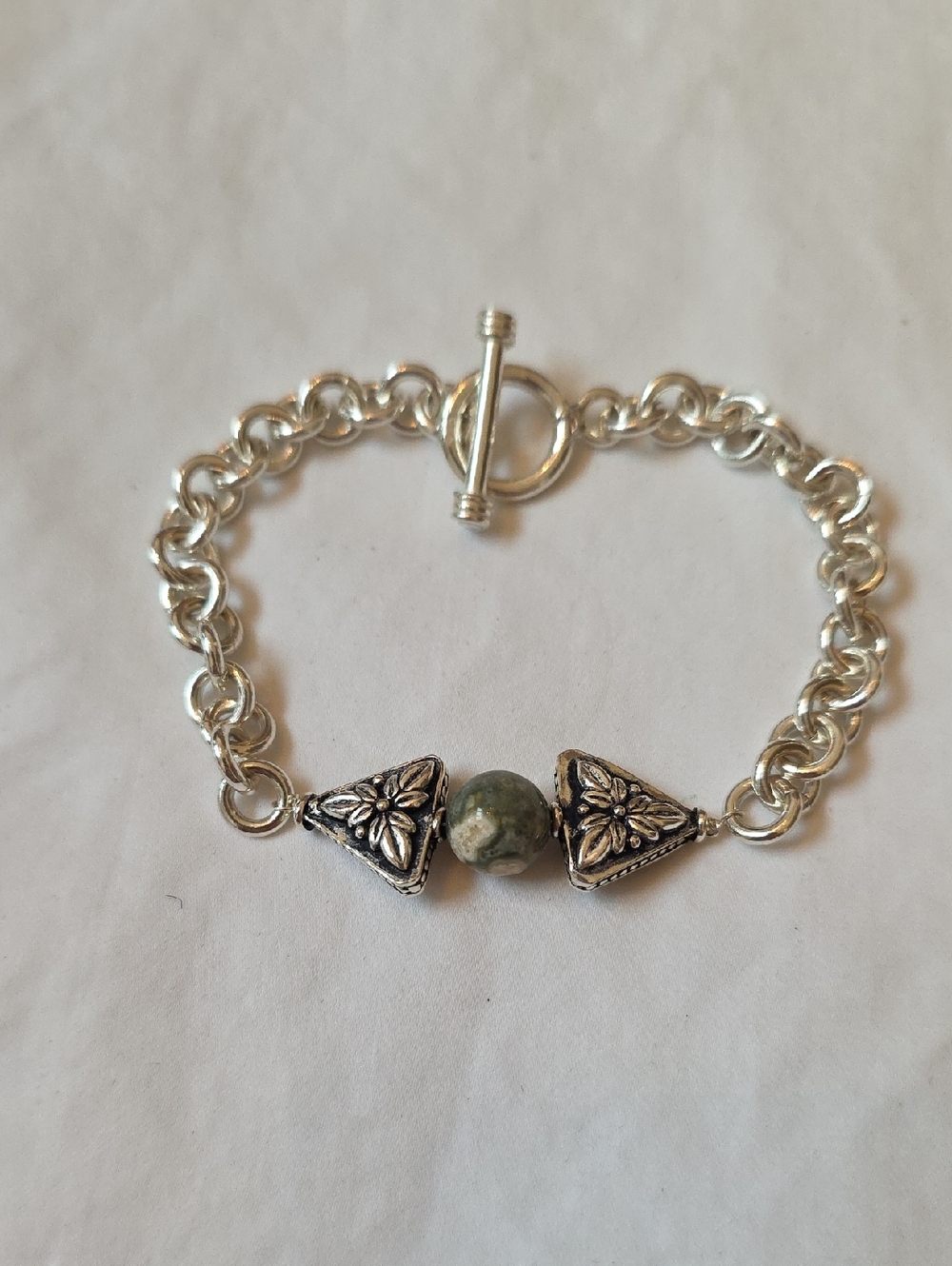 SALE Sterling Silver Chain Bracelet with Green Stone Accent